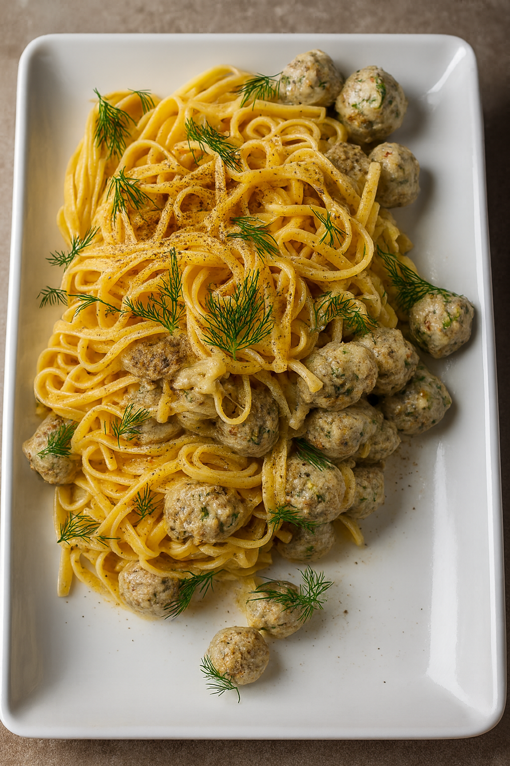 Linguine with aromatic meatballs