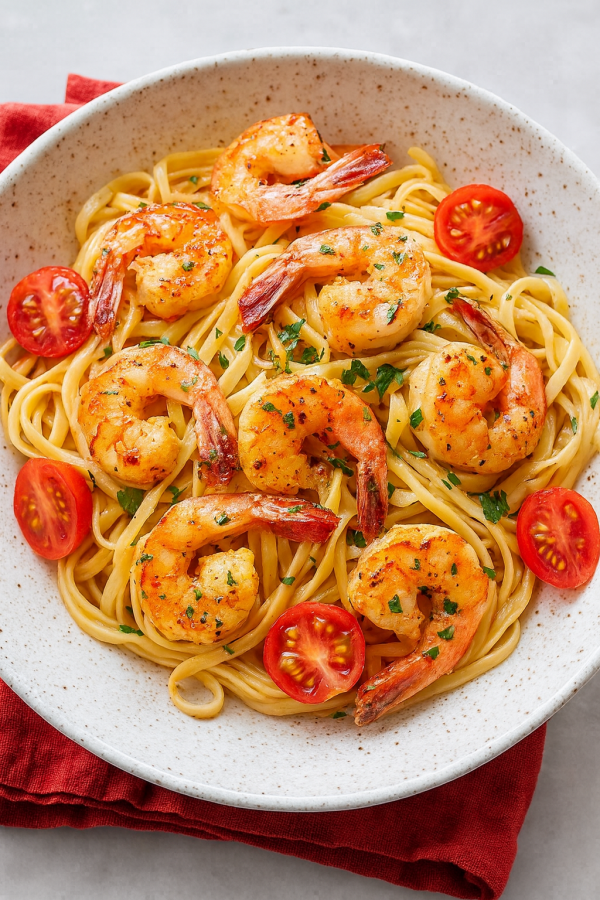 ΛΙΓΚΟΥΙΝΙ ΜΕ ΓΑΡΙΔΕΣ ΣΕ ΣΑΛΤΣΑ ΣΚΟΡΔΟΥ & ΒΟΥΤΥΡΟΥ ΜΕ ΝΤΟΜΑΤΙΝΙΑ