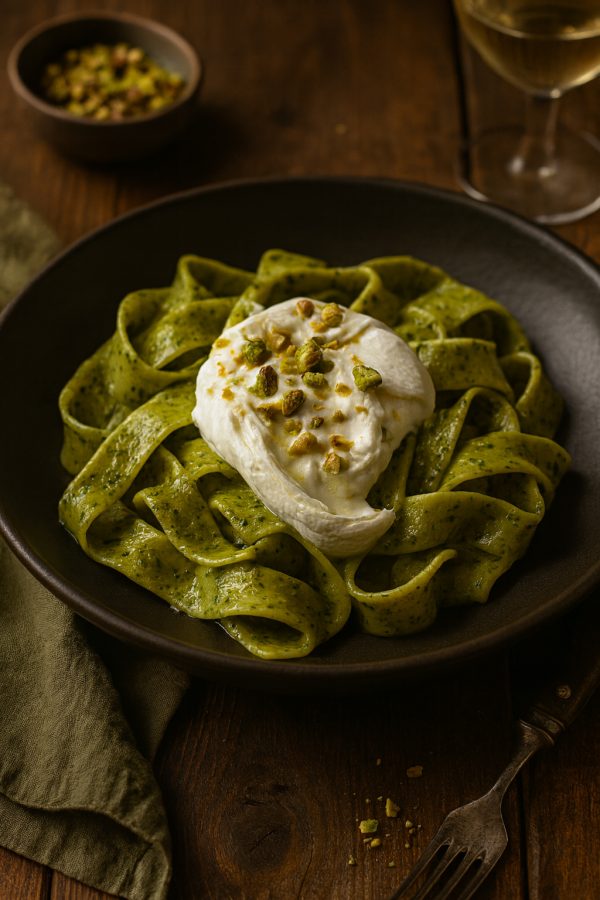 Pappardelle with pistachio pesto and burrata