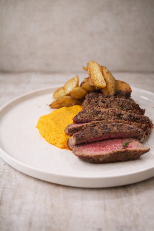 Juicy beef fillet with baby potatoes & silky carrot purée